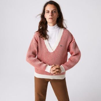 Lacoste Two-Tone Low V-Neck Ribbed Wool Sweater Dámské - Svetr Červené / Béžový | CZ-EML6nj